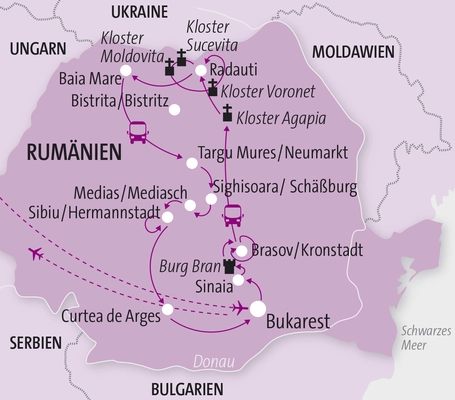 Rumänien, Reiseroute Landkarte Studienreise