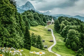 Grass, Spring, alpine, alps, bavaria, beautiful, blue, chapel, clouds, field, flower, flowers, forest, garmisch, garmischpartenkirchen, germany, green, lake, landscape, mountain, mountains, nature, outdoor, peak, sky, summer, sunny, travel, view, wamberg