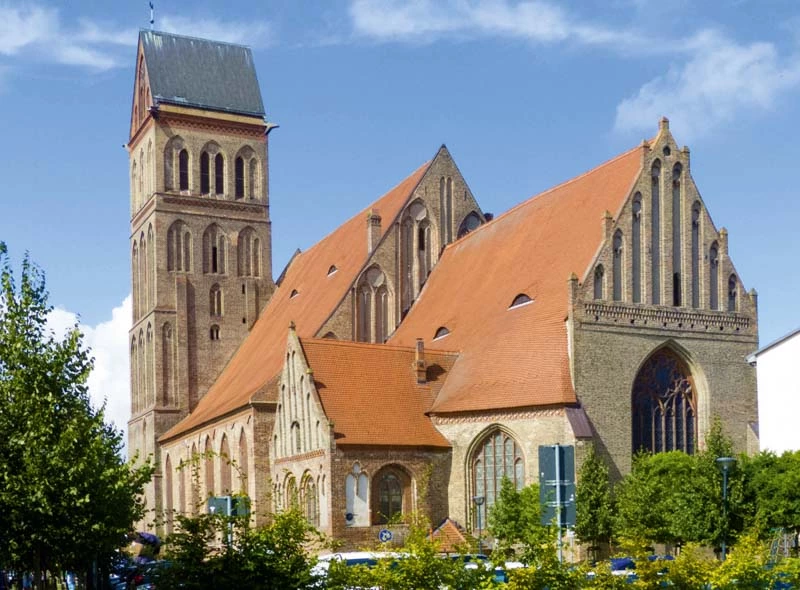 14th century, ancient, anklam, architecture, asymmetric, background, bake stone, basilica, blue, brick, brick building, building, cathedral, catholic, choir, church, city, clinker, europe, four-storey, germany, germany), gothic, gothic period, green, hall church, hansa town, historic, history, house, landmark, late romanesque chancel, monument, old, religion, sky, stone, tourism, tower, town, travel