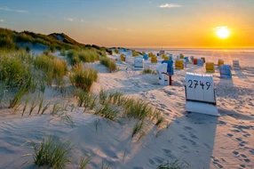 Beach, East Frisian Islands, Gemany, Horizon, Juist, Sand, Seascape, Yellow, beach chair, beach grass, beautiful, bright, calm, coast, coastal landscape, dunes, dusk, east frisia, empty, europe, evening, glowing, island, landscape, lower saxon wadden sea national park, lower saxony, nature, north sea, northern gemany, ocean, orange, red, relaxed, sea, shining, summer, sun, sunset, travel, travel photography, vacation, water