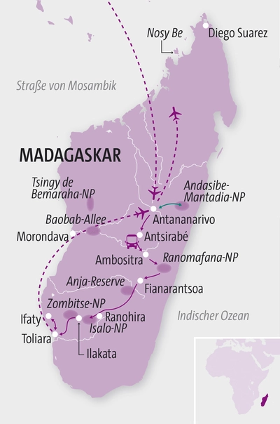 Madagaskar, Landkarte, Reiseroute