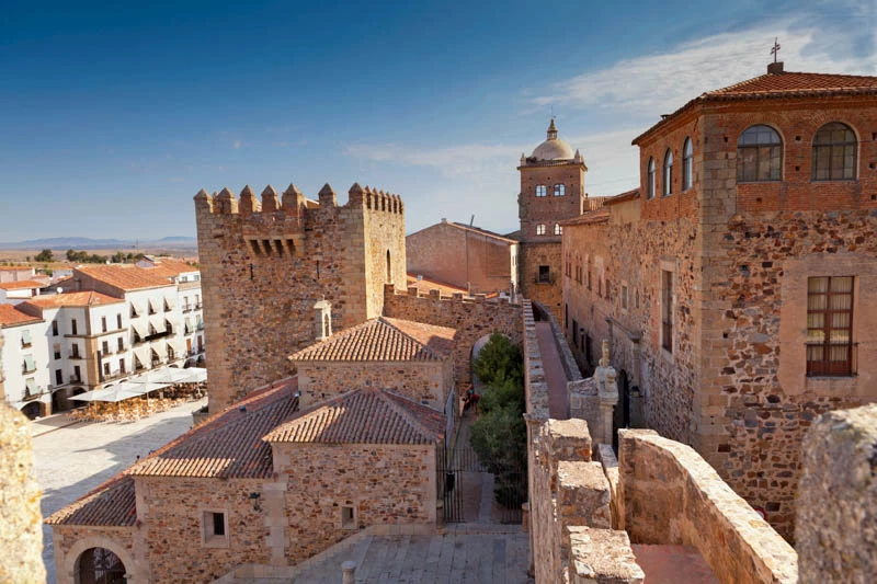 Caceres, antique, battlements, building, center, city, downtown, historic, medieval, monument, old, palace, spain, square, stone, tower, unesco, wall