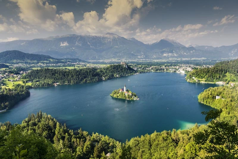 aerial, alps, beautiful, bled, blue, clouds, color, europe, european, forest, green, island, julian, lake, landscape, mountain, nature, reflection, scene, sky, slovenia, summer, travel, view, water