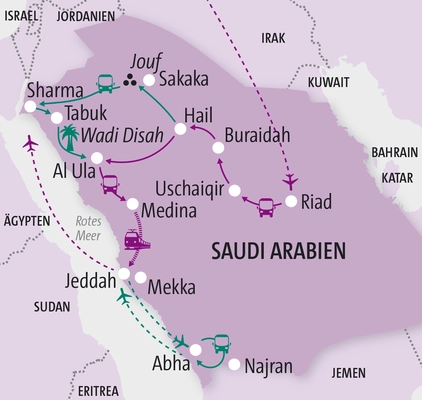 Landkarte, Reiseroute Saudi-Arabien, Gruppenreise