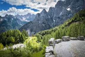 Adventure, National Park, Vacations, Vršič, alps, challenge, cloud, destination, excursion, fluffy, forest, glade, high, holiday, journey, julian alps, landscape, mountain, mountain pass, mountains, nature, nobody, outdoors, pass, pavement, road, sky, slovenia, snow, steep, summer, summit, tourism, trail, travel, triglav, unspoiled, vrsic