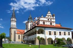 bell tower, church, europe, flora, flowers, levoca, medieval, plants, slovakia, square, town, town hall, trees, unesco heritage