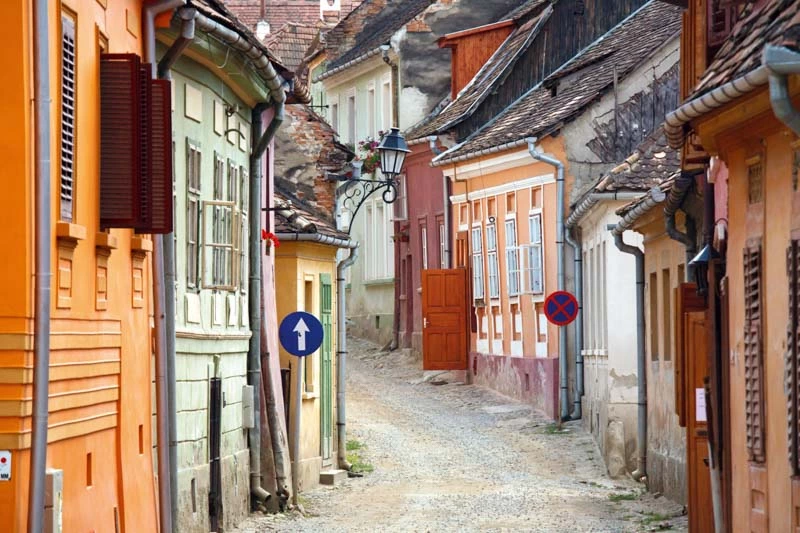 abandoned, colored, empty, history, house, medieval, old, romania, romanian, sighisoara, stone, street, town, transylvania, village