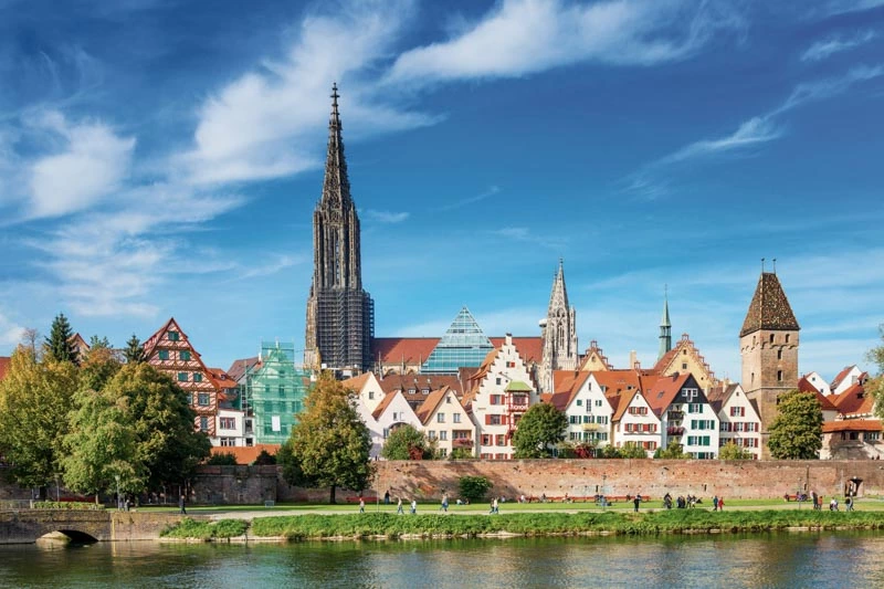 architecture, blue, building, buildings, cathedral, church, city, danube, europe, germany, gothic, house, houses, landscape, minster, munster, old town, promenade, river, sightseeing, sky, tower, town, travel, ulm, water