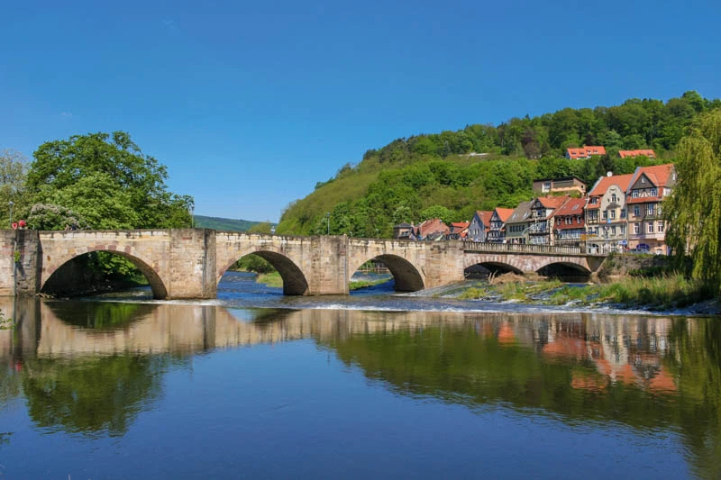 Panoramic, Scenery, Spring, arch, architecture, background, beautiful, blue, bridge, current, day, germany, green, half-timbered, hann. münden, hannoversch, hill, historic, holiday, houses, landscape, lovely, lower saxony, medieval, nature, nice, old, outdoor, piers, reflection, river, riverbed, riverside, season, sightseeing, sky, stone, summer, times, tourism, town, traditional, travel, trees, vacation, view, water, weather, werra, werrabrücke