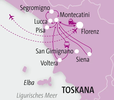 Toskana, Reiseroute, Landkarte, Studienreise