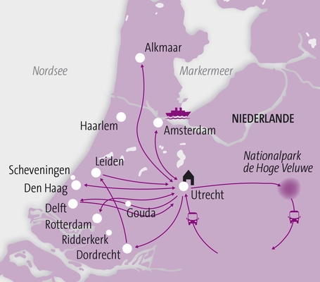 Reiseroute, Landkarte Niederlande, Holland